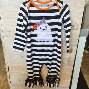 Ann Loren Black and White Striped Footie with Ghost and Orange Accents